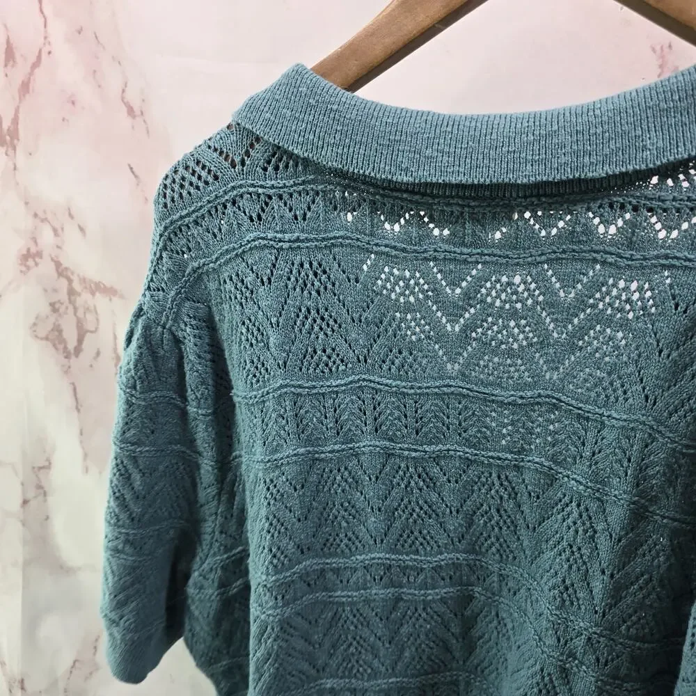 Sundance Sweater XXL 2XL Turquoise Polo V Neck Roslyn Pointelle